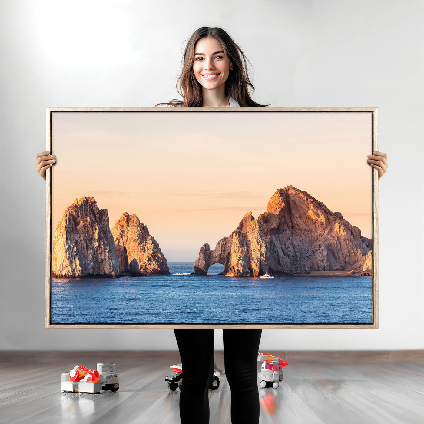 72996116-MGV-CV-36X24-El Arco Wall Art Canvas Print, Framed Cabo Rocks Art Picture Print, Ocean Arch Perfect Golden Coastal Landmark Decor, The Arch Canvas Print