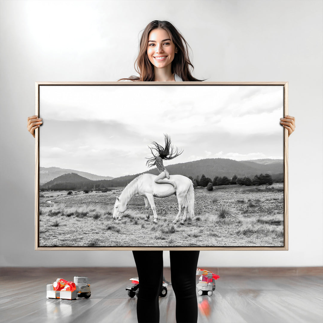 White Horse Wall Art Canvas Print, Woman Rider Print, Framed Equestrian Pose Art Print, Large Grazing Horse Printing Western Boho