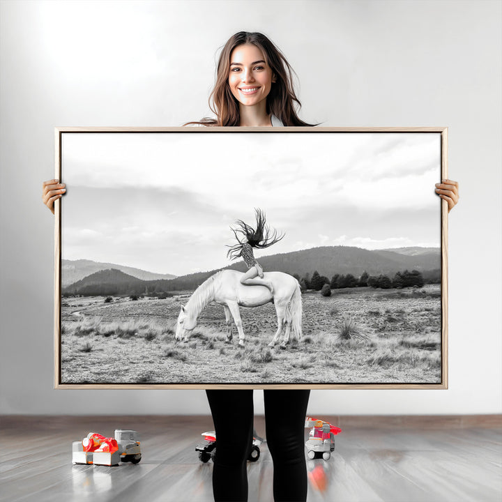 White Horse Wall Art Canvas Print, Woman Rider Print, Framed Equestrian Pose Art Print, Large Grazing Horse Printing Western Boho