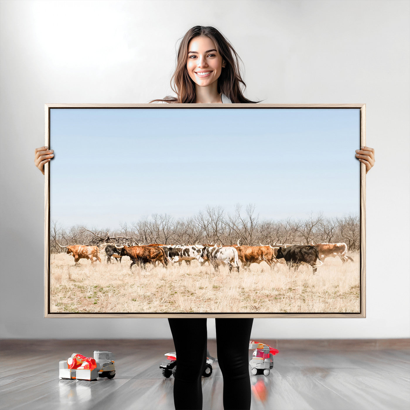 Texas Longhorns Wall Art Canvas Print, Western Cattles Print Wall Art, Framed Rustic Herd Art Print, Large Country Cows Printing Rustic