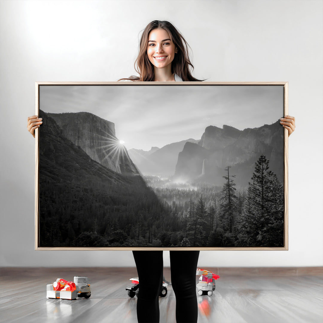 Yosemite Valley Wall Art Canvas Print, Framed El Capitan Sunrise Print, Framed Misty Mountain Art Print, Large Monochrome Valley Printing