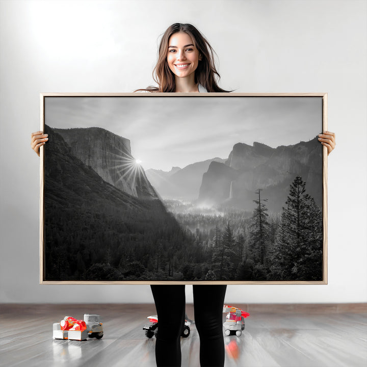 Yosemite Valley Wall Art Canvas Print, Framed El Capitan Sunrise Print, Framed Misty Mountain Art Print, Large Monochrome Valley Printing