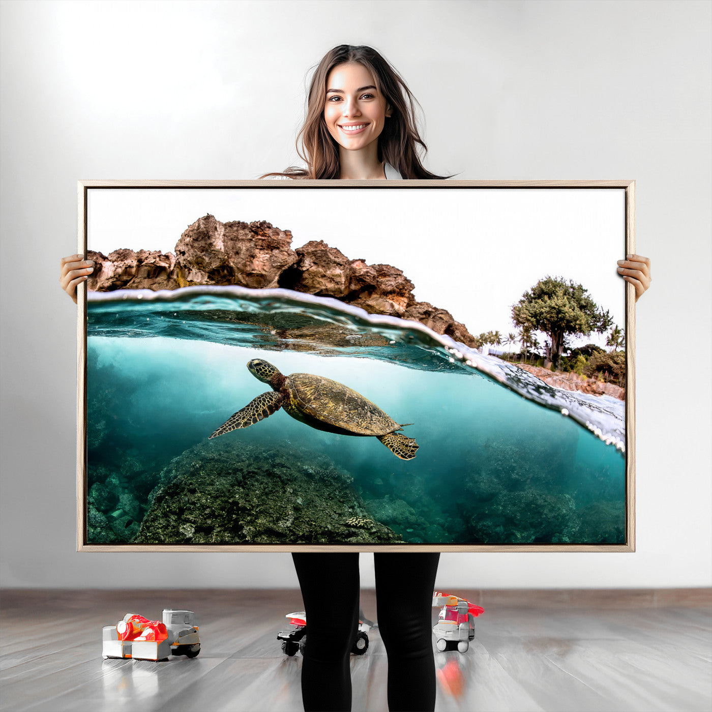 44200301-MGV-CV-36X24-Sea Turtle Wall Art Canvas Print, Framed Ocean Life Art Picture Print, Tropical Perfect Coastal Decor