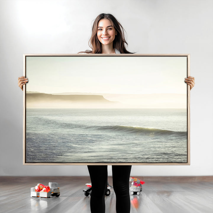 Coastal Cliffs Wall Art Canvas Print, Framed Misty Ocean Art Picture Print, Soft Morning Perfect Minimalistic Decor, Framed Misty Ocean Canvas