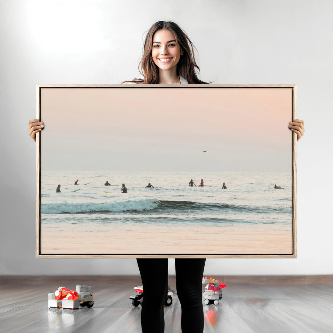 Pastel Ocean Wall Art Canvas Print, Framed Soft Sunset Art Picture Print, Calm Sea Perfect minimalist Decor