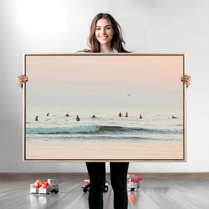 Pastel Ocean Wall Art Canvas Print, Framed Soft Sunset Art Picture Print, Calm Sea Perfect minimalist Decor