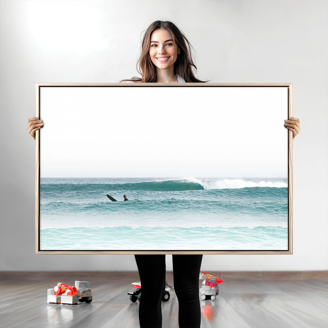 Surfing Wall Art Canvas Print, Framed Ocean Art Picture Print, Waves Perfect Minimalist Decor