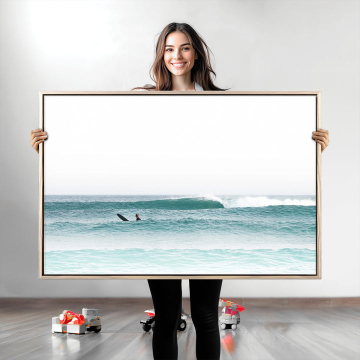 Surfing Wall Art Canvas Print, Framed Ocean Art Picture Print, Waves Perfect Minimalist Decor