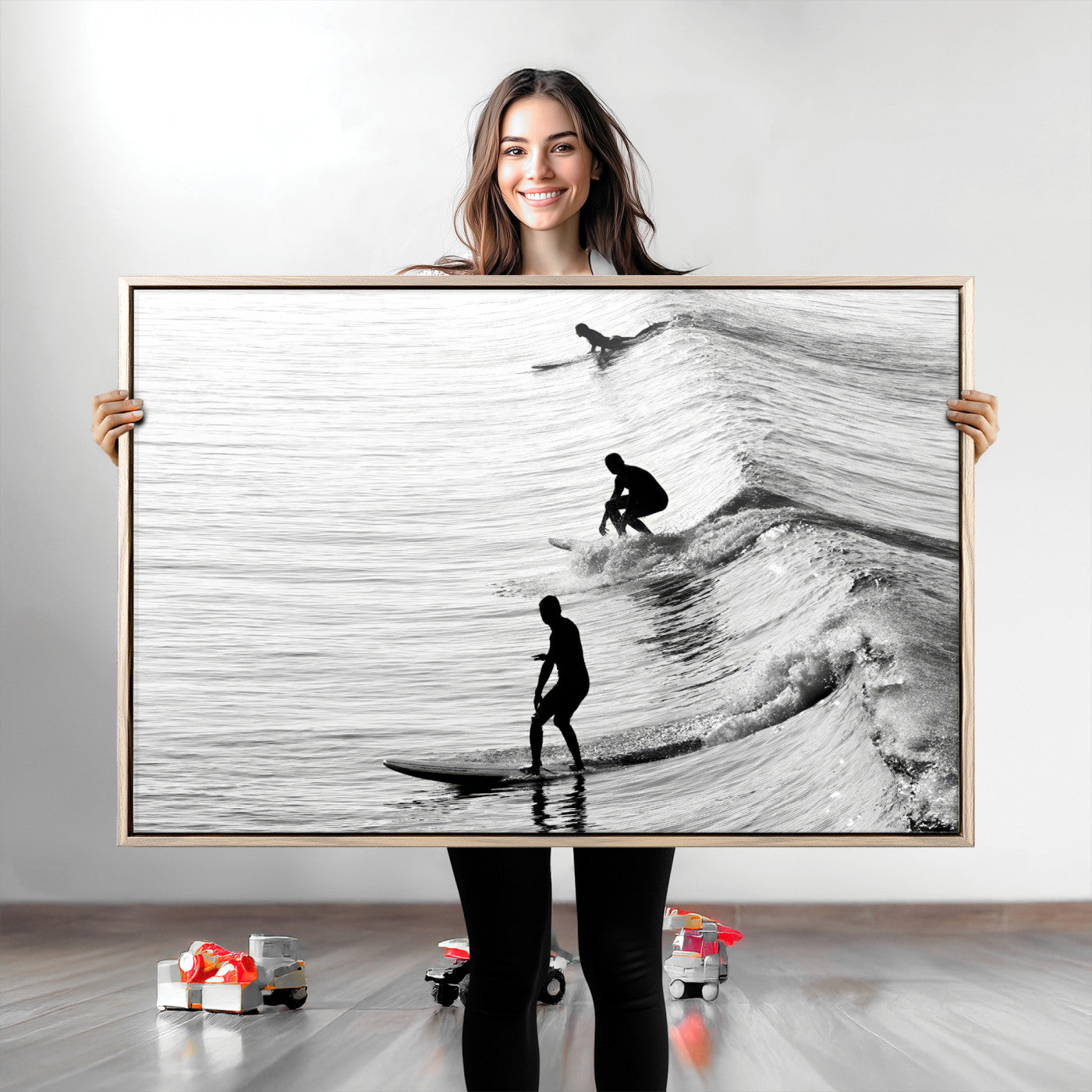19875284-MGV-CV-36X24-Surfers on Waves Wall Art Canvas Print, Framed Black White Surf Art Picture Print, Monochrome Ocean Perfect Modern Coastal Decor, Surfers on
