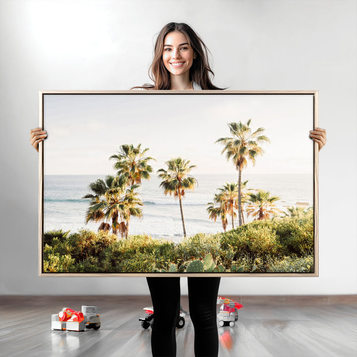 California Coast Wall Art Canvas Print, Framed Palm Trees Art Picture Print, Coastal Landscape Perfect Coastal Minimalist Decor