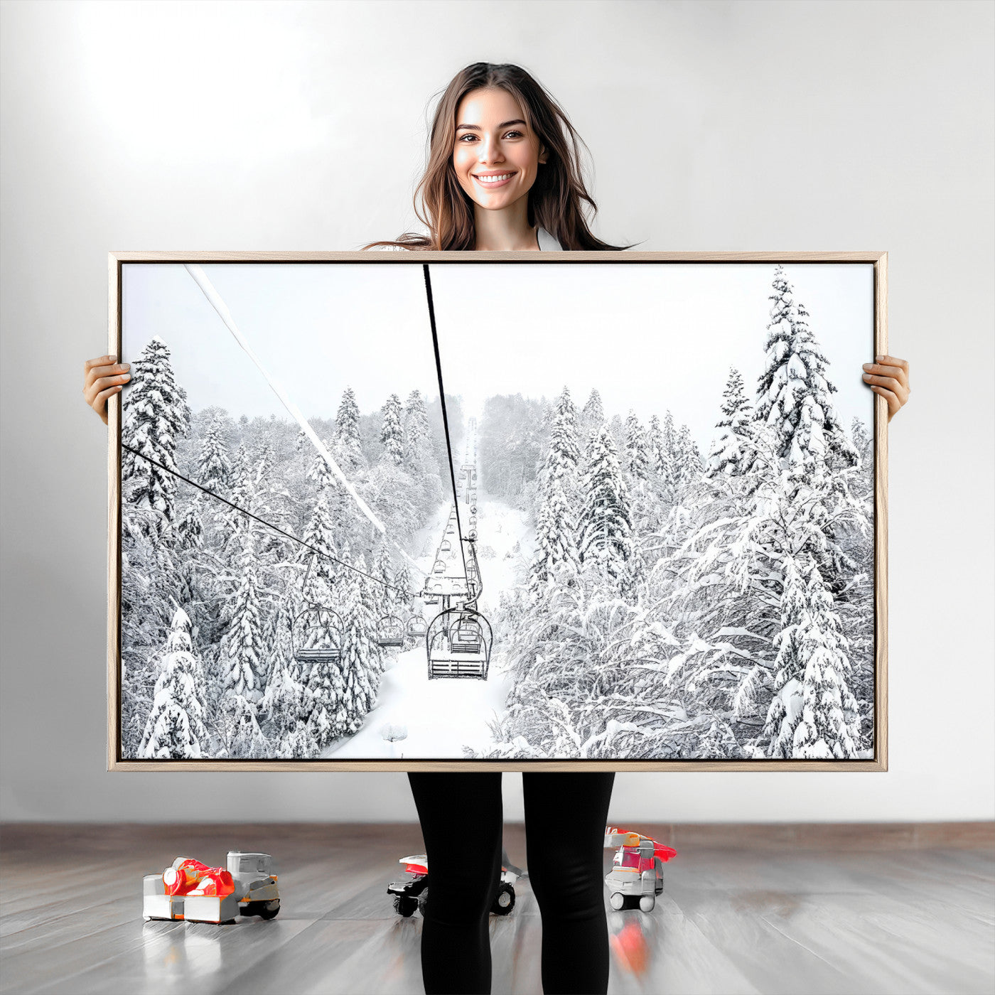 Winter Forest Wall Art Canvas Print, Framed Snowy Forest Art Picture Print, Winter Ski Lift Perfect Scandinavian Minimalist 3/3 Decor