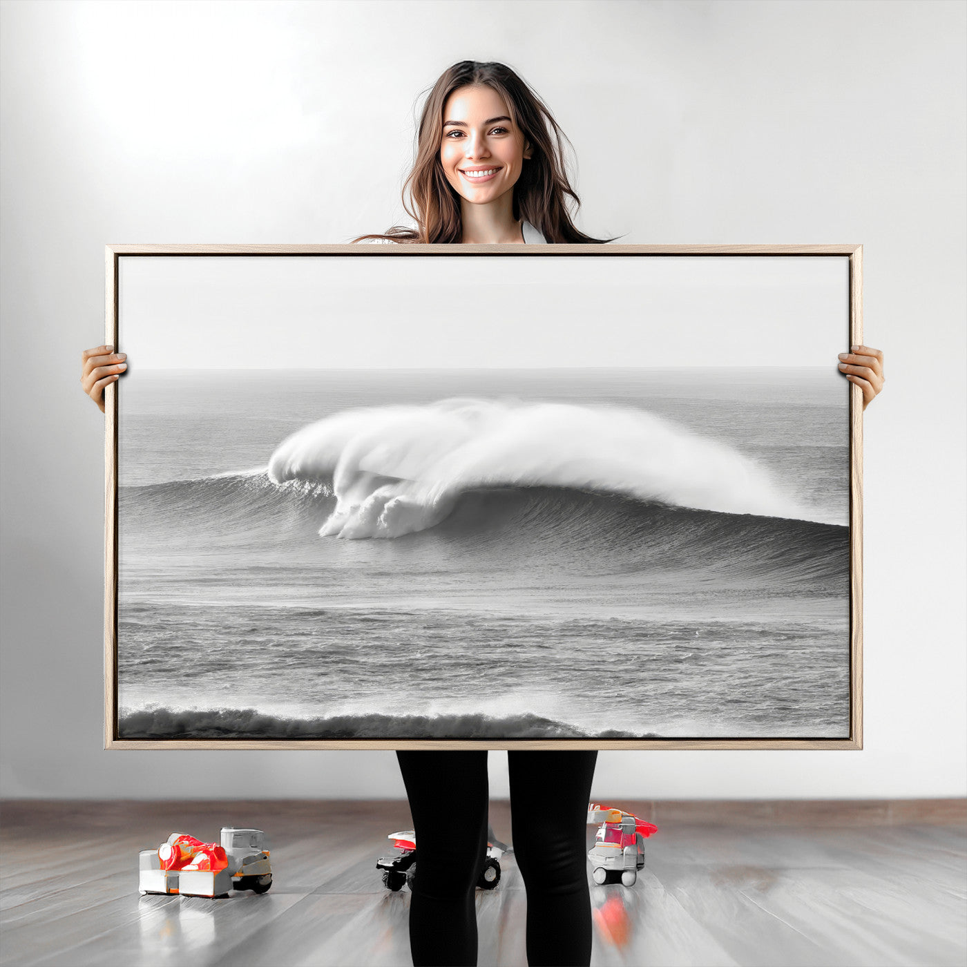 A dramatic black and white ocean wave crashing with immense force, capturing the raw power and movement of the sea in a bold seascape.