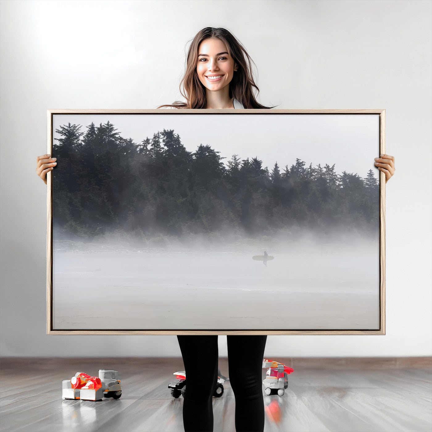 A lone surfer carrying a board through a misty shoreline, surrounded by dense trees and fog, creating a peaceful and mysterious coastal scene.