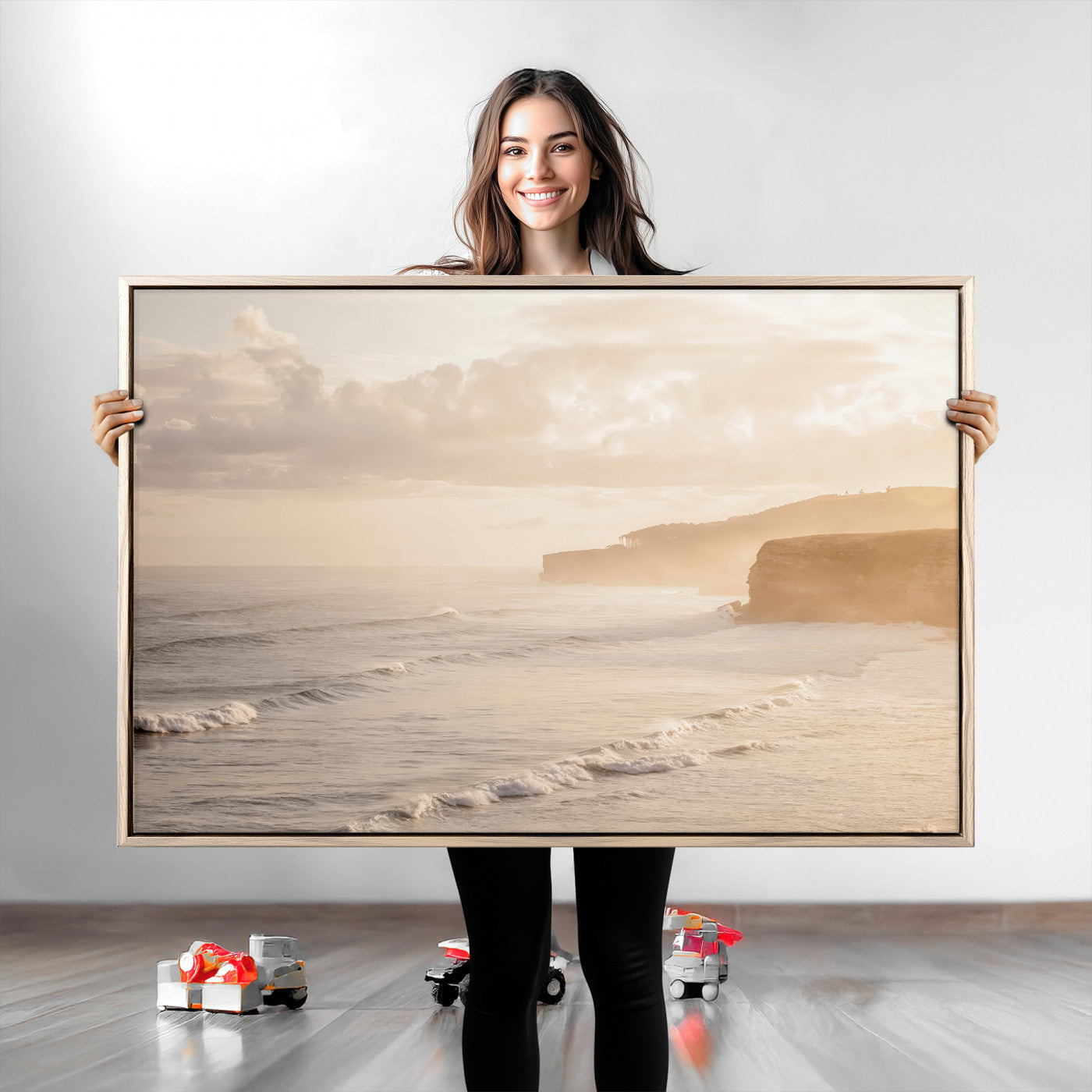 Golden hour seascape with misty cliffs and gentle waves rolling towards the shore, capturing a tranquil and warm coastal atmosphere.