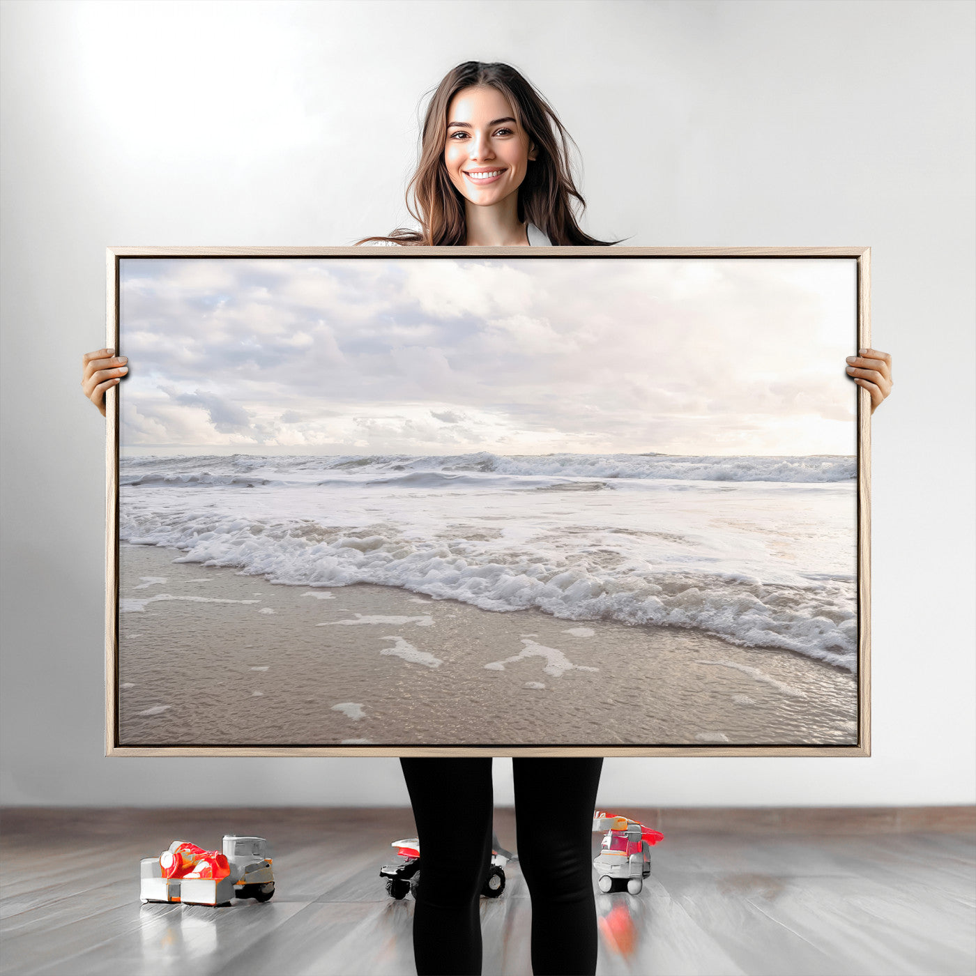 Peaceful ocean waves rolling onto the sandy shore under soft light, perfect for neutral or coastal minimalist decor themes.