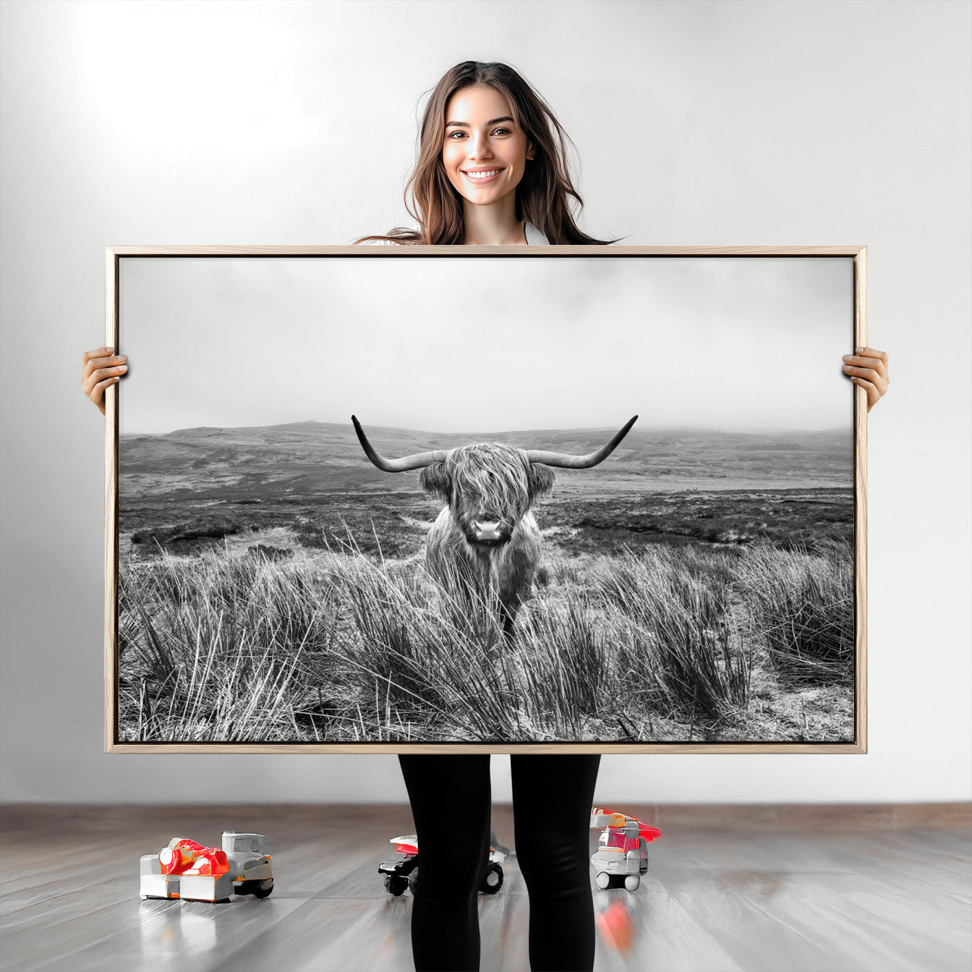 A black and white portrait of a Highland cow in a foggy Scottish countryside, capturing a rustic aesthetic and tranquil farm escape.