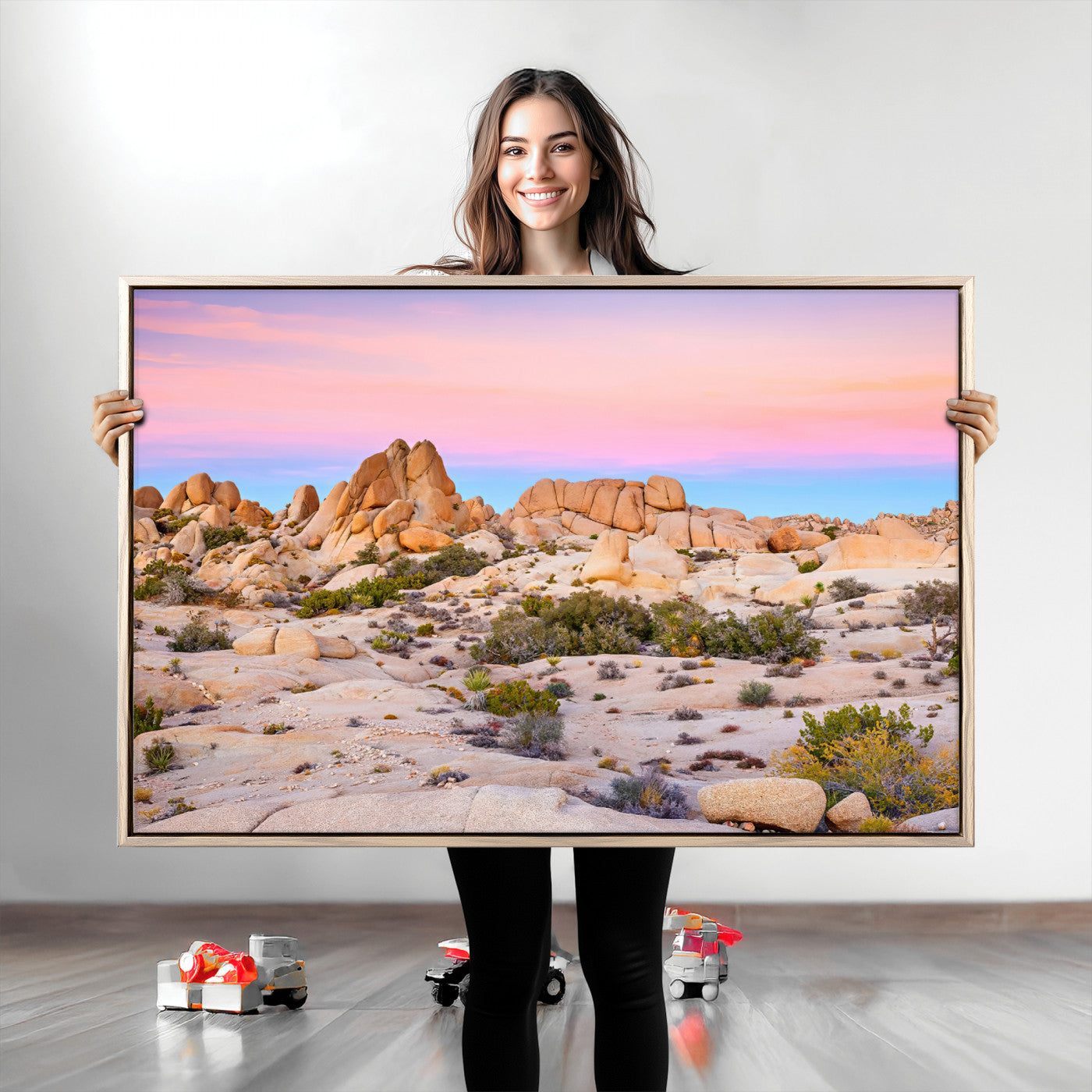 A breathtaking desert landscape featuring rugged rock formations under a vibrant pastel sunset sky, capturing the warmth and serenity of a Southwestern wilderness.