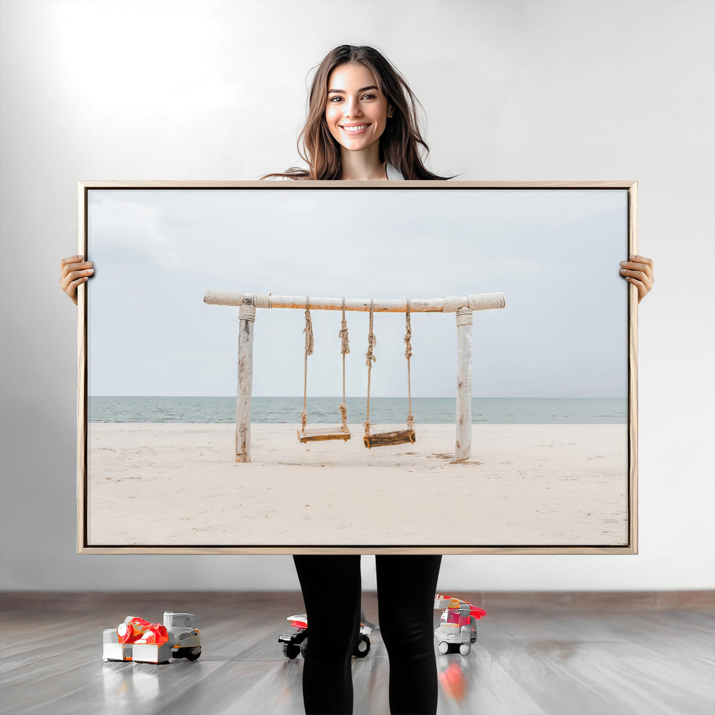 A rustic wooden beach swing stands on a serene sandy shore with an ocean horizon in the background, creating a tranquil and dreamy coastal escape.