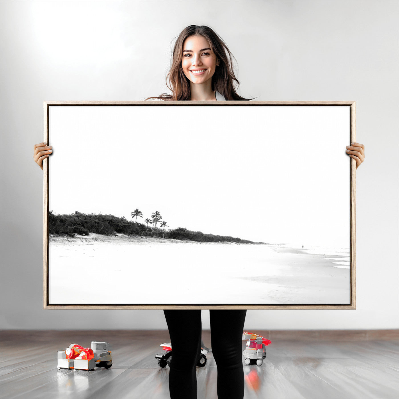 A black and white minimalist coastal scene with a vast open beach, distant palm trees, and a lone figure walking along the shoreline, evoking serenity and solitude.