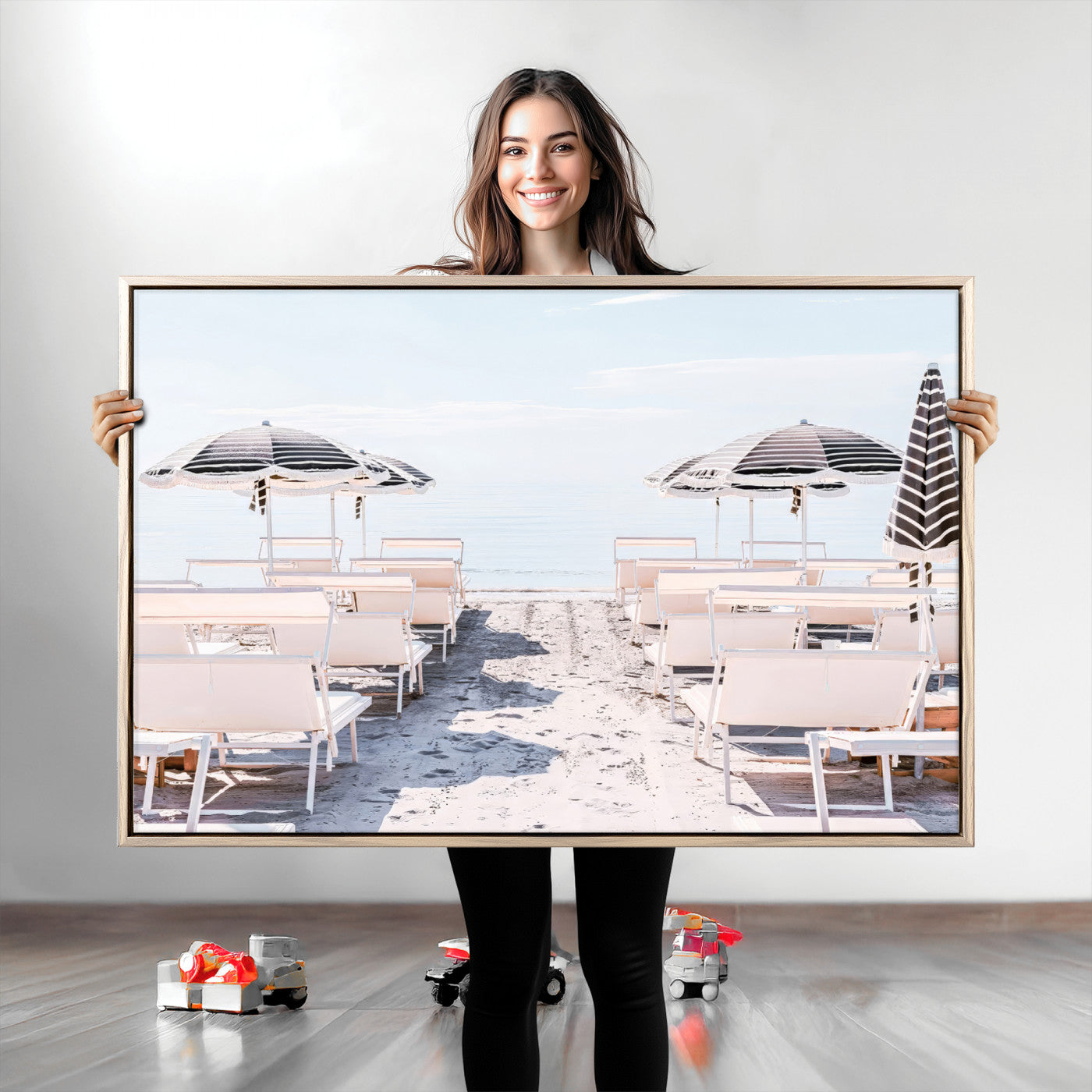 A serene minimalist beach scene featuring striped umbrellas, soft pastel sand, and an elegant lounge setup, creating a tranquil and stylish coastal retreat.