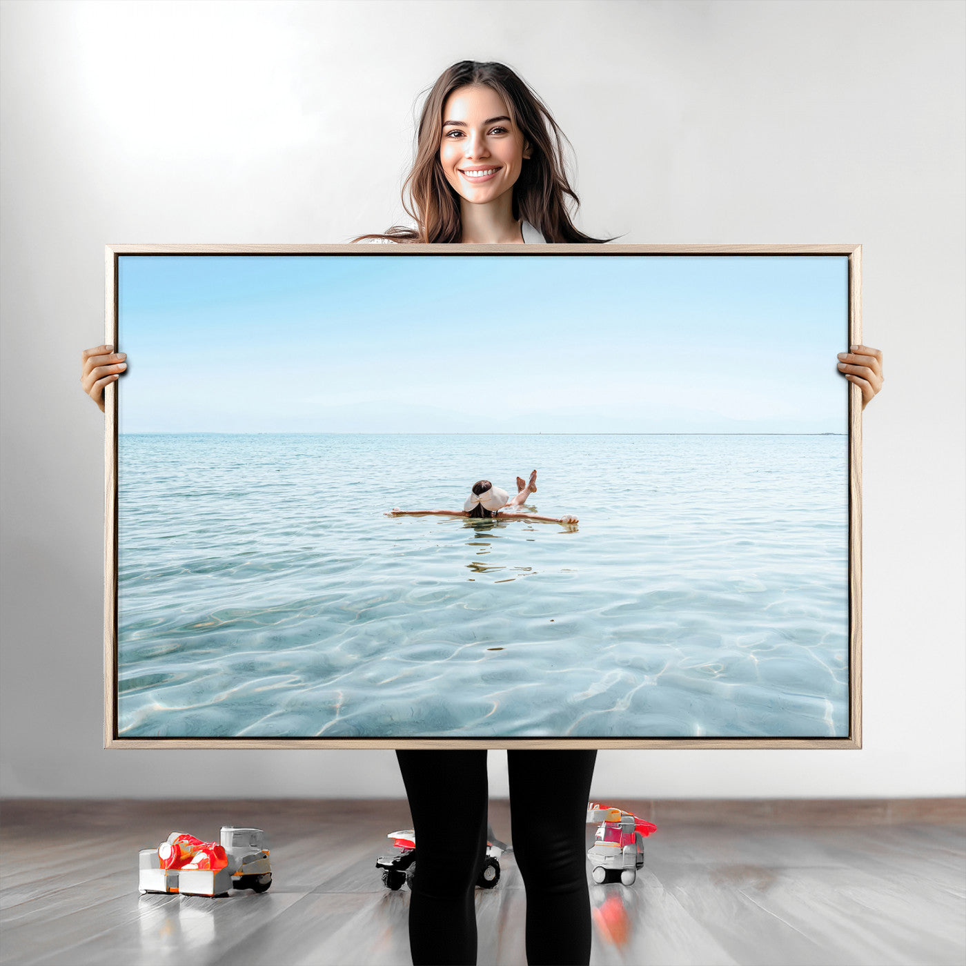 A peaceful minimalist scene of a person floating on crystal-clear water, surrounded by a vast open horizon, capturing relaxation and serenity in a tranquil aquatic setting.