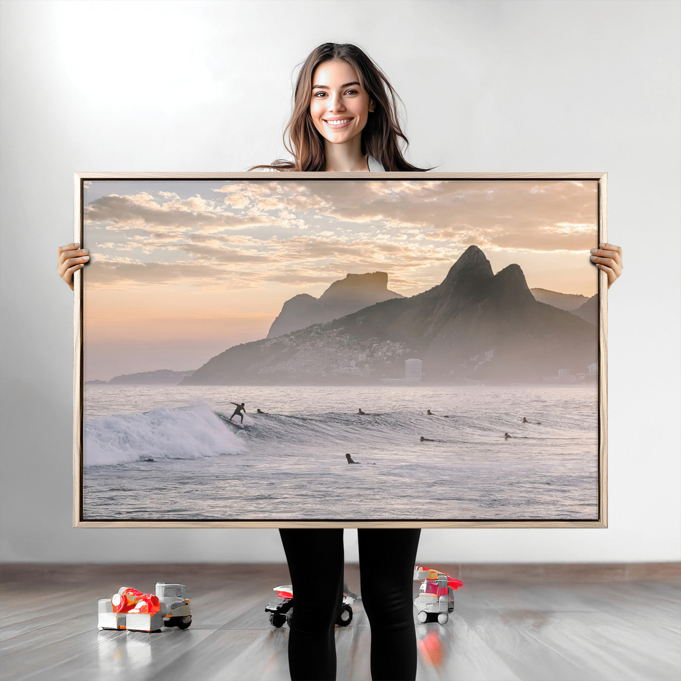 A surfer rides a golden hour wave near misty coastal mountains, surrounded by fellow surfers, capturing the spirit of a coastal adventure.