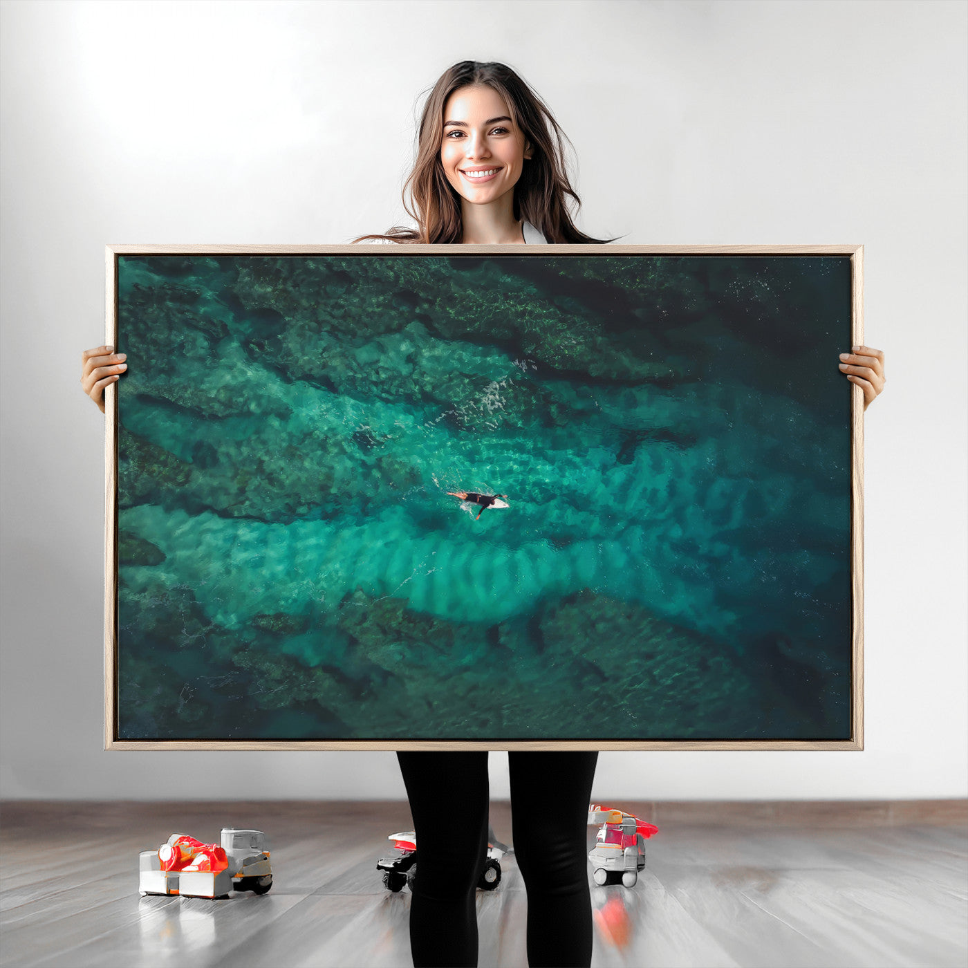 An aerial view of a solo surfer paddling through crystal-clear turquoise waters over a sunlit reef, capturing the beauty and serenity of open water surfing.