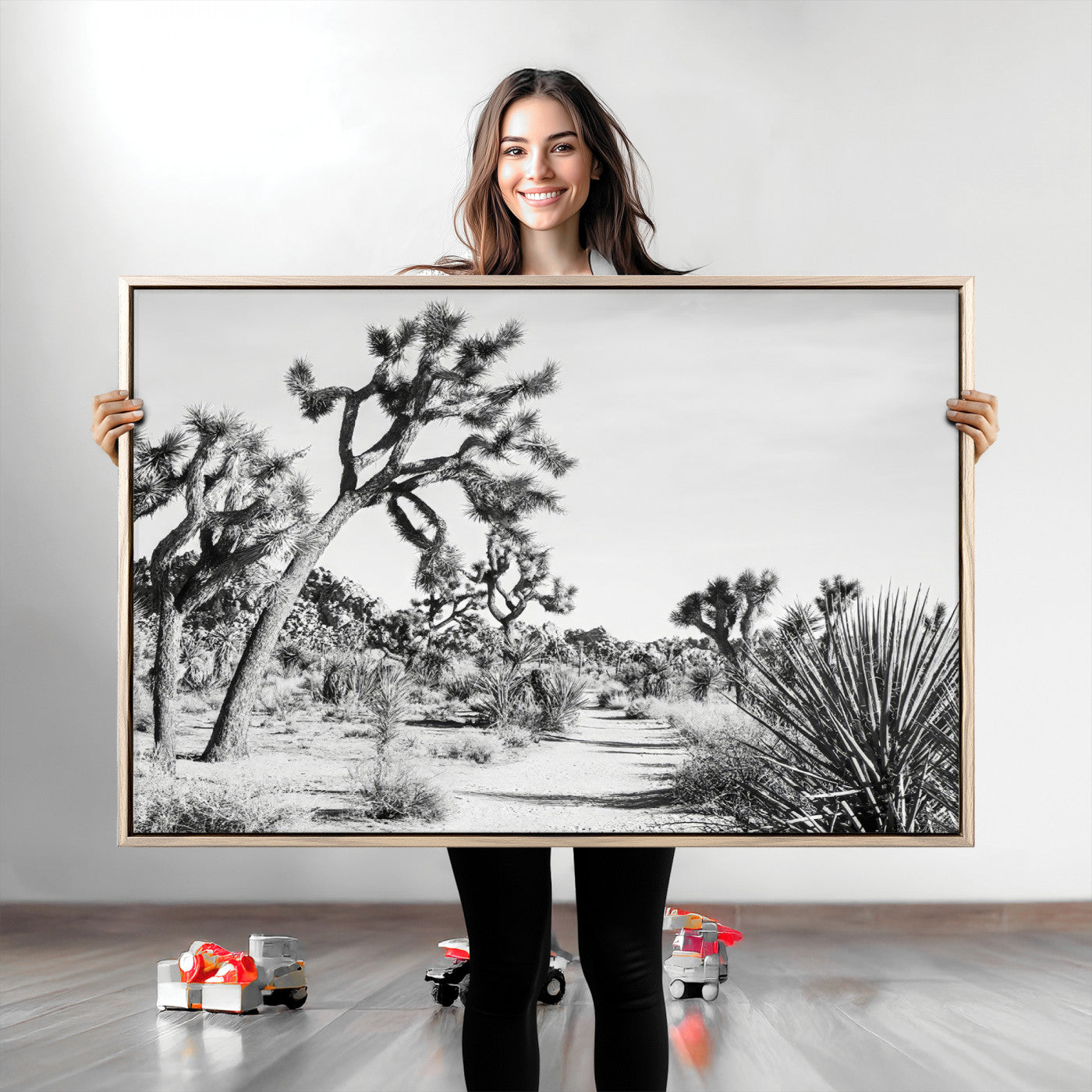 Canvas of a Joshua Tree forest in black and white tones, featuring a desert path and spiky vegetation, ideal for minimalist or rustic decor.