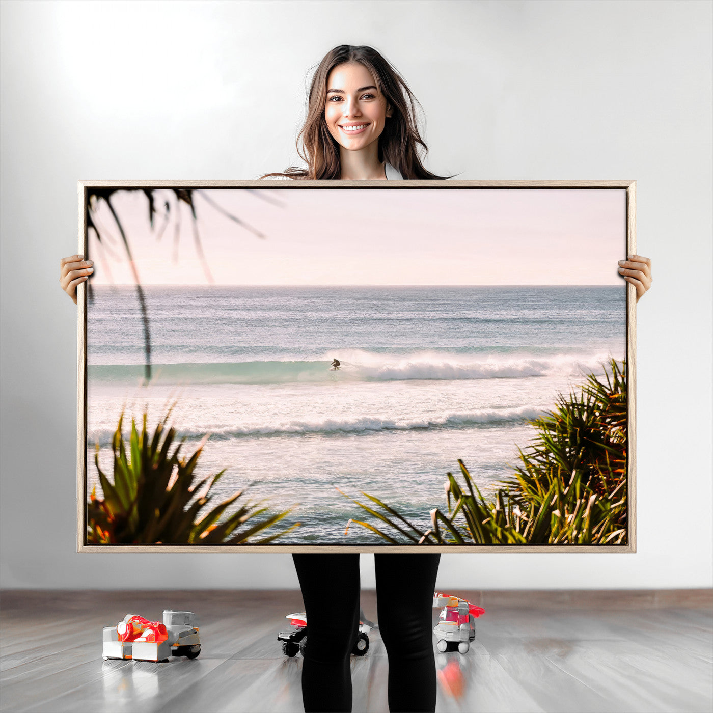 Canvas of a lone surfer riding a pastel wave at sunrise, perfect for tropical or coastal-themed spaces with a relaxed, airy vibe.