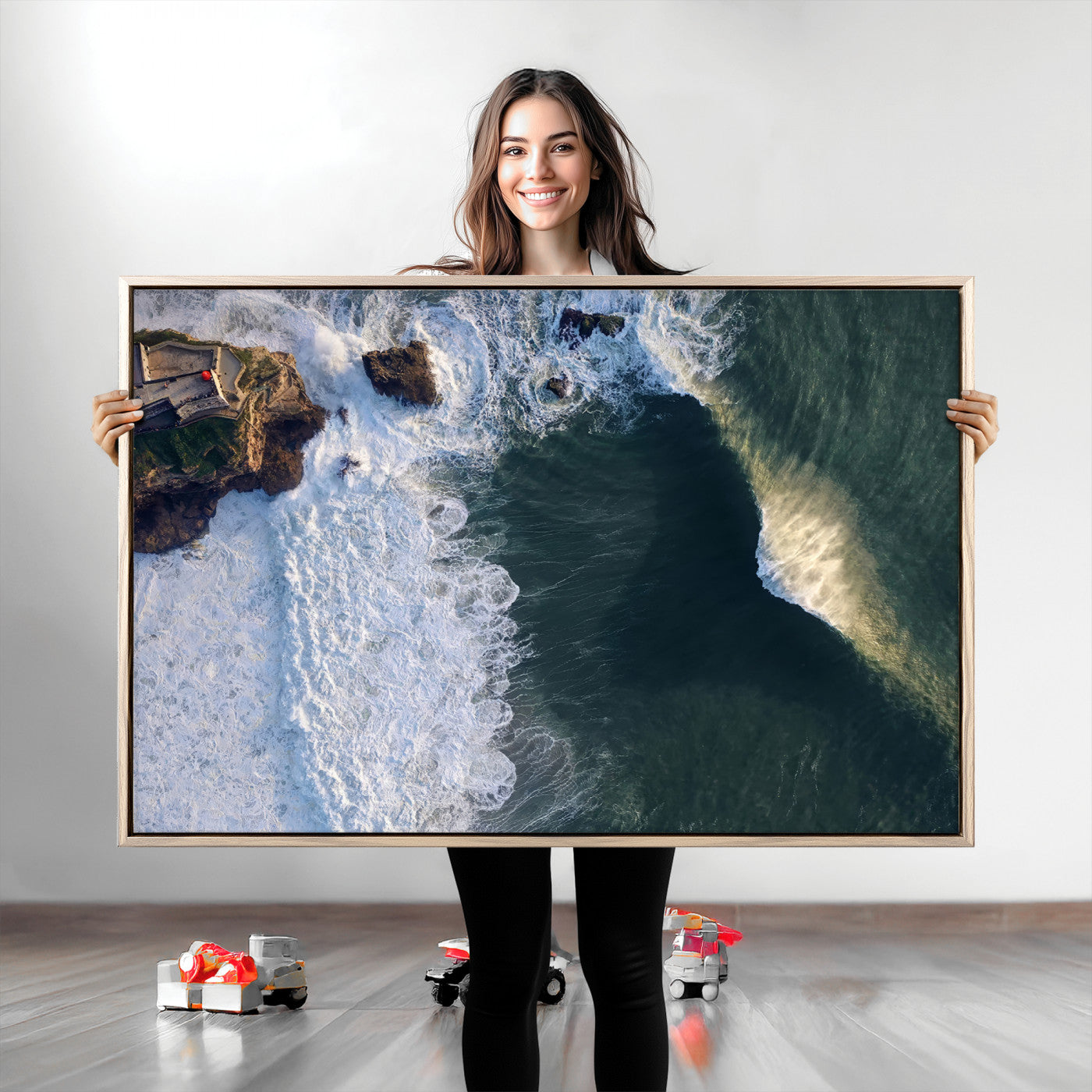 Canvas showing an aerial view of crashing waves along the Nazaré coastline, perfect for dramatic coastal or ocean-themed home decor.