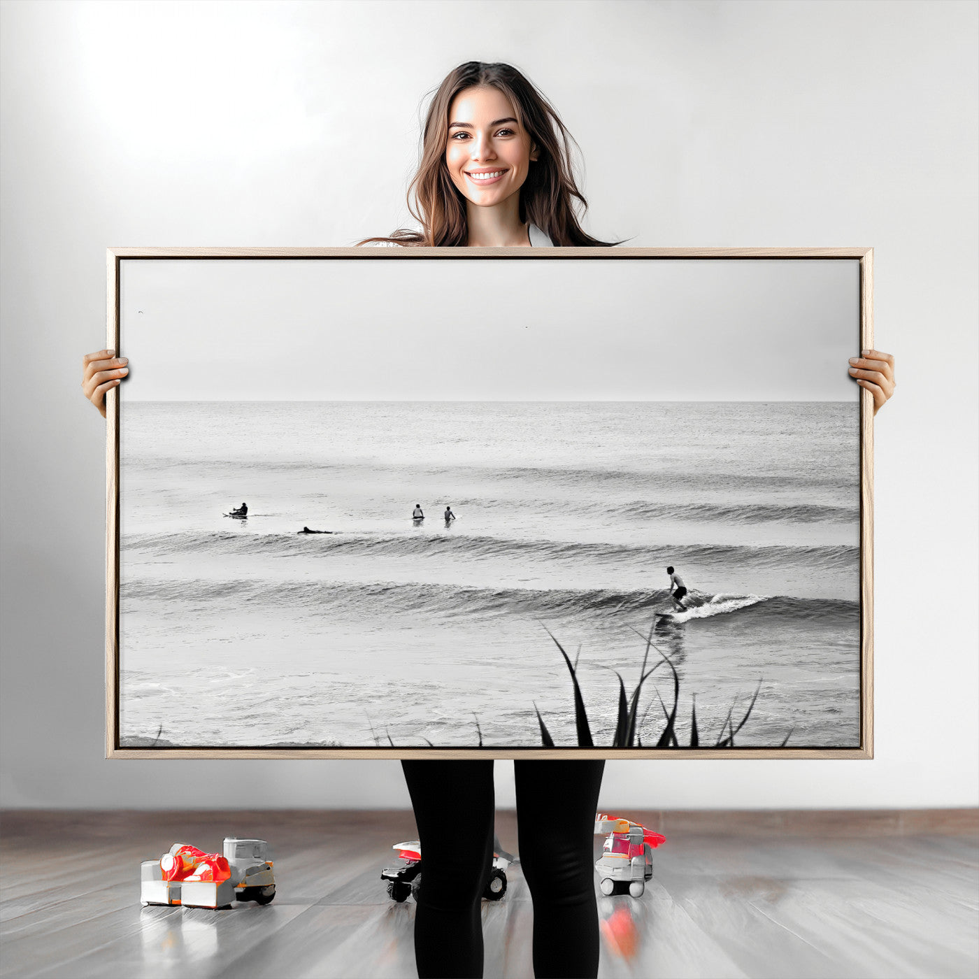 Monochrome canvas of surfers on calm ocean waves, ideal for minimalist coastal or beach-inspired interior decor.
