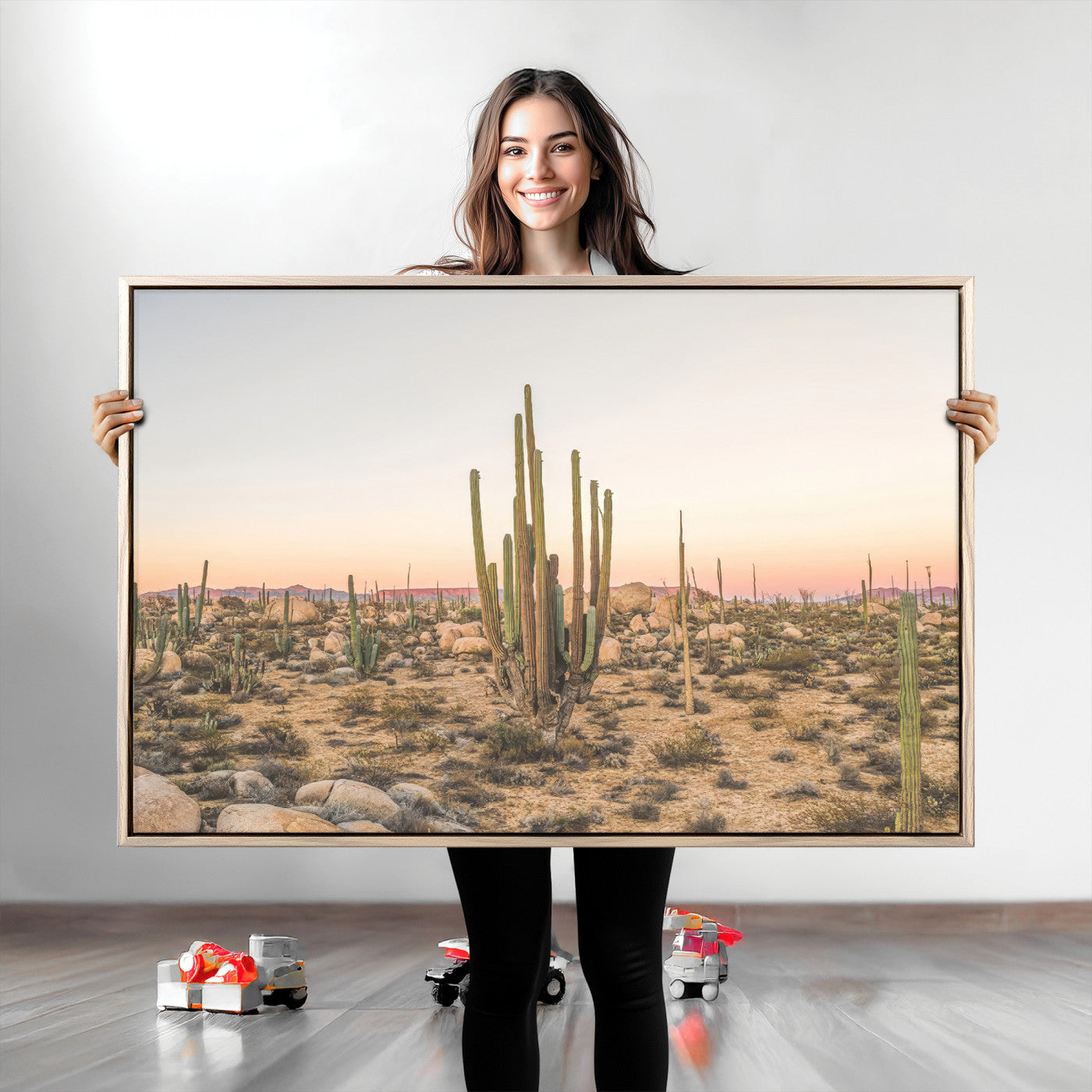 Canvas of tall desert cacti in warm sunset tones over a rocky Baja landscape, ideal for earthy or Southwestern-style home decor.