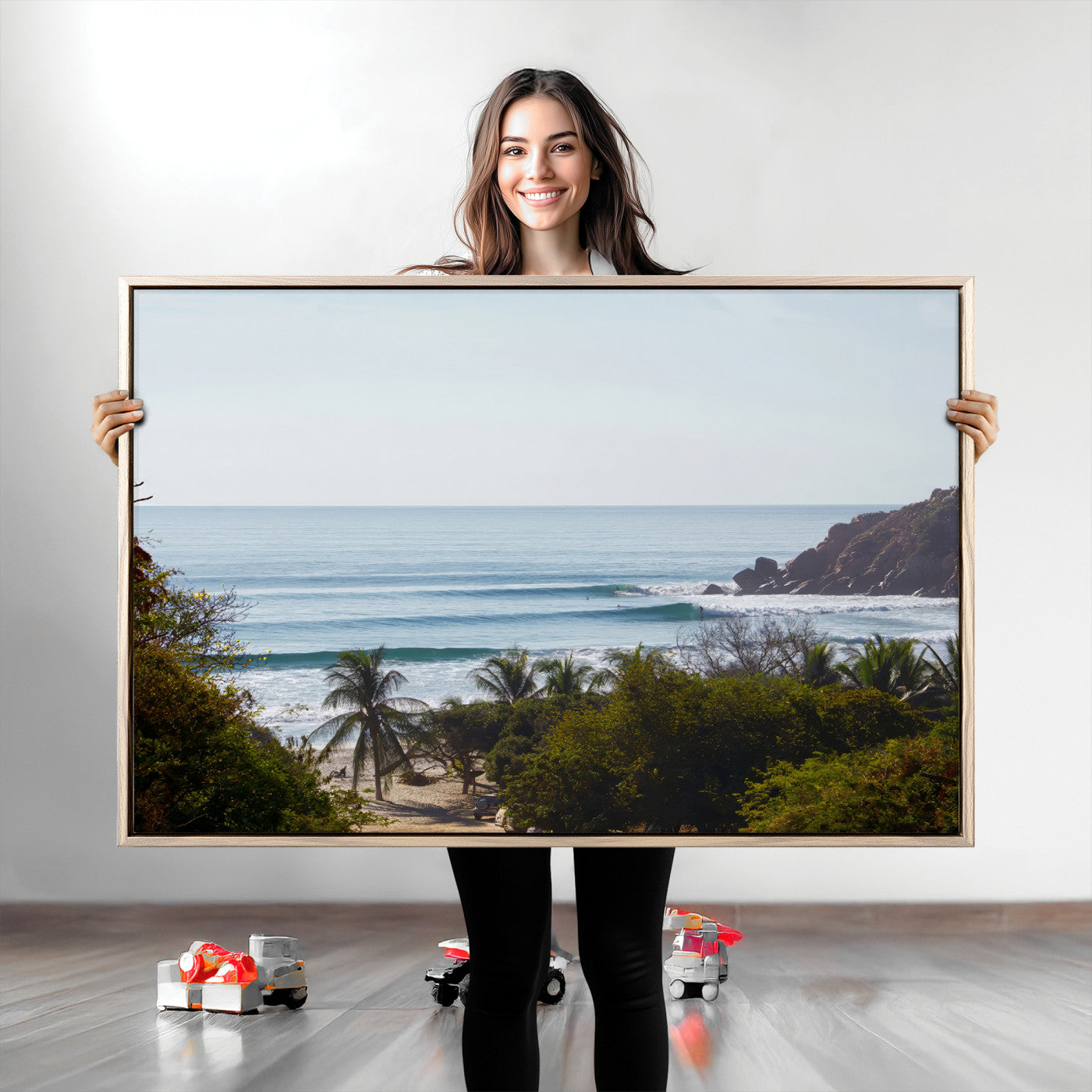 View of calm ocean waves with palm trees and a tropical coastline, ideal for coastal boho or beach-themed wall decor.