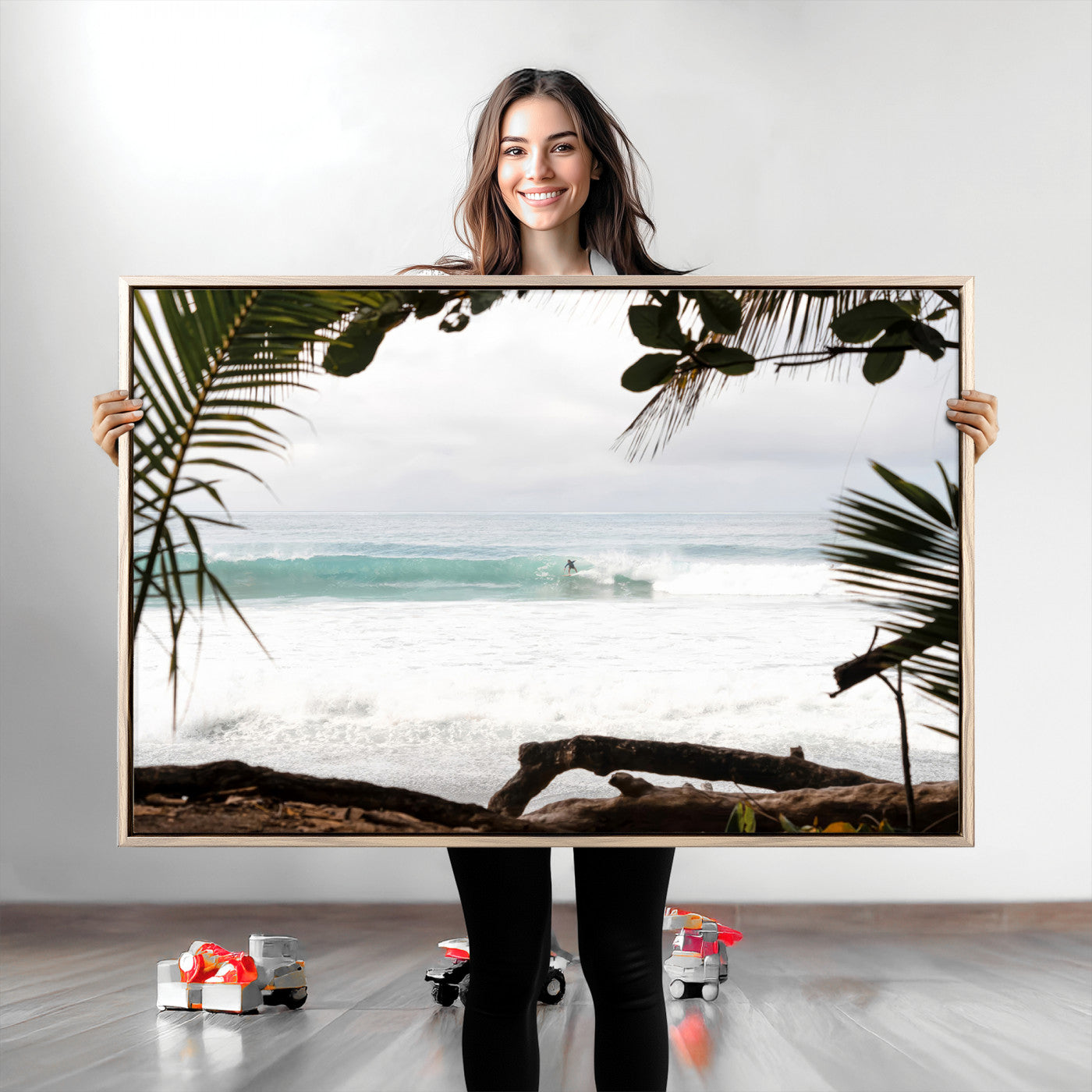 Tropical beach view with palm trees and surfer riding a wave, perfect for boho or coastal-inspired interior wall decor.