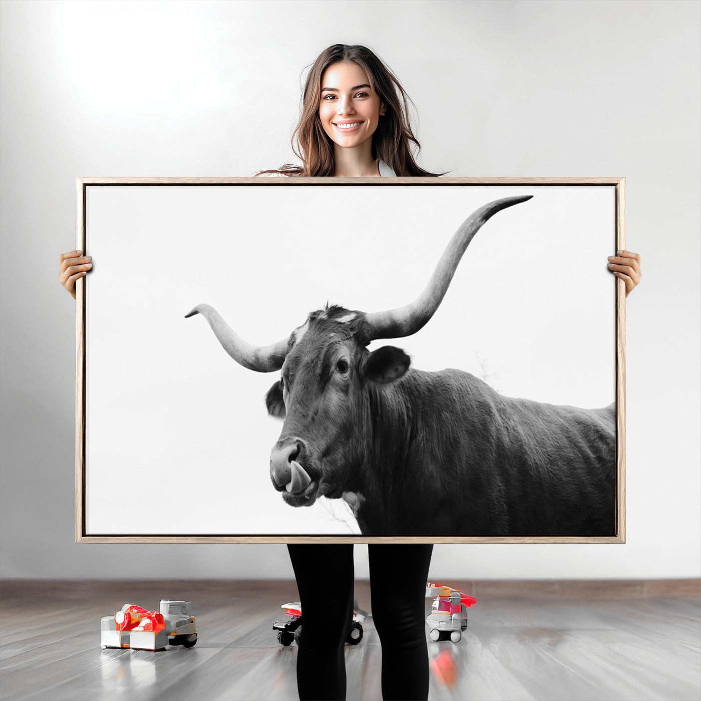 Black and white photo of a Texas Longhorn cow with curved horns, ideal for rustic, western or minimalist style home decor.
