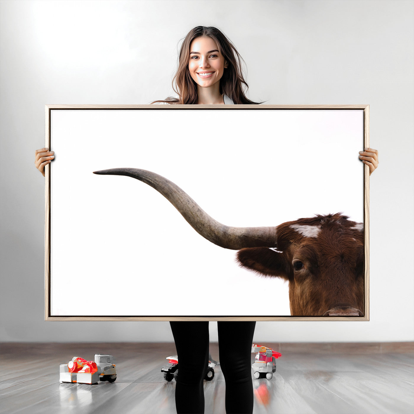 Close-up of Texas Longhorn horn and eye on white background, perfect for minimalist or modern farmhouse style wall decor.