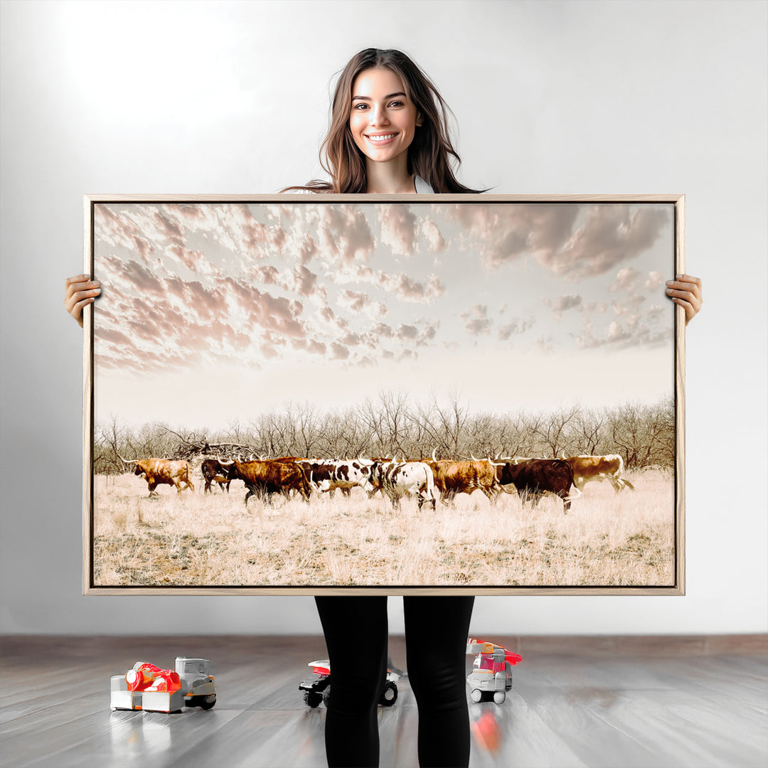 Longhorn Cattle Wall Art Canvas Print, Texas Ranch Print, Framed Western Cow Art Print, Large Prairie Landscape Printing Perfect for Western Decor