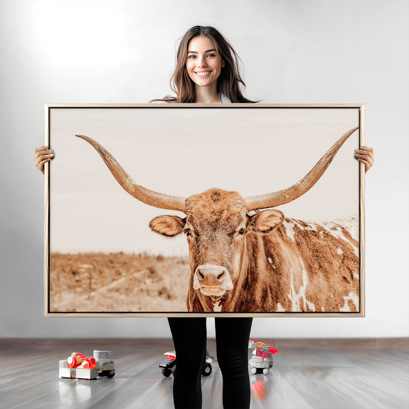 Sepia-toned Texas Longhorn facing forward in a dry field, perfect for rustic farmhouse or western-themed neutral home decor.