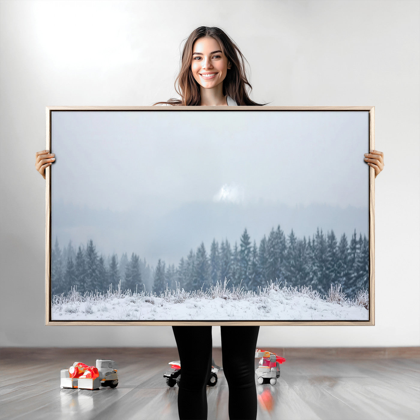 Snow-covered forest under misty sky, soft light breaking through clouds, ideal for minimalist or Nordic-inspired home decor.