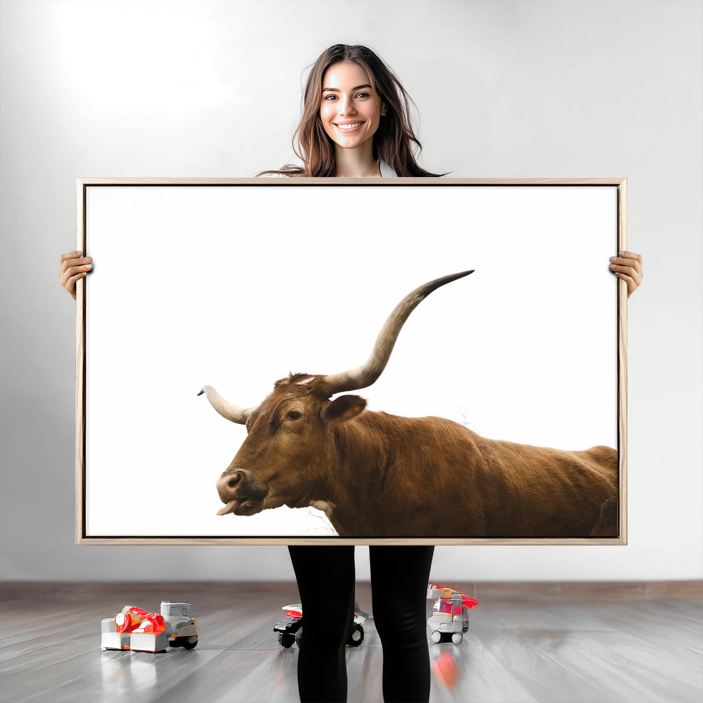 Minimal photo of a longhorn cow with white background, ideal for rustic, western or farmhouse-style interior decor.