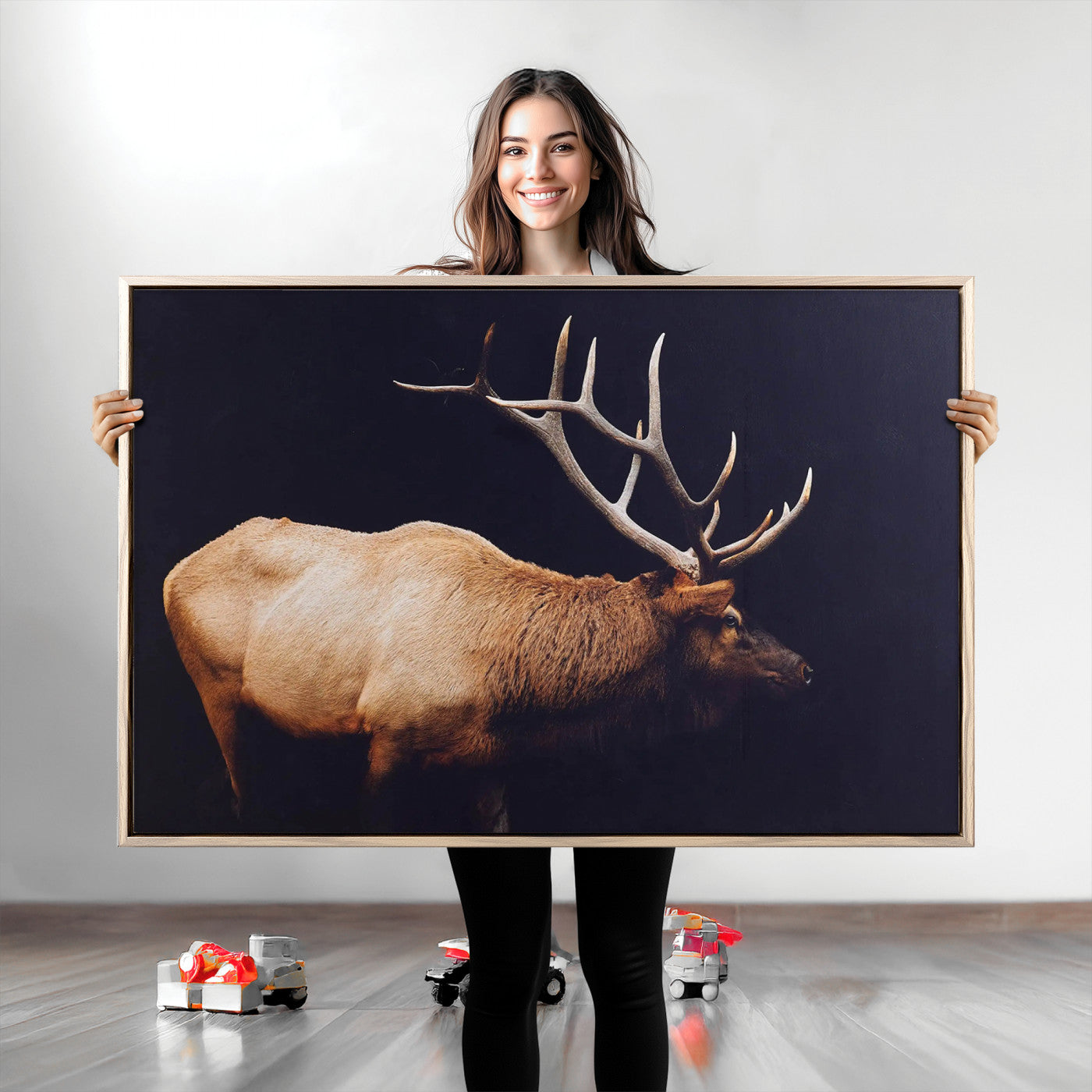 Side view of a majestic elk with large antlers against dark background, perfect for rustic lodge or cabin style home decoration.