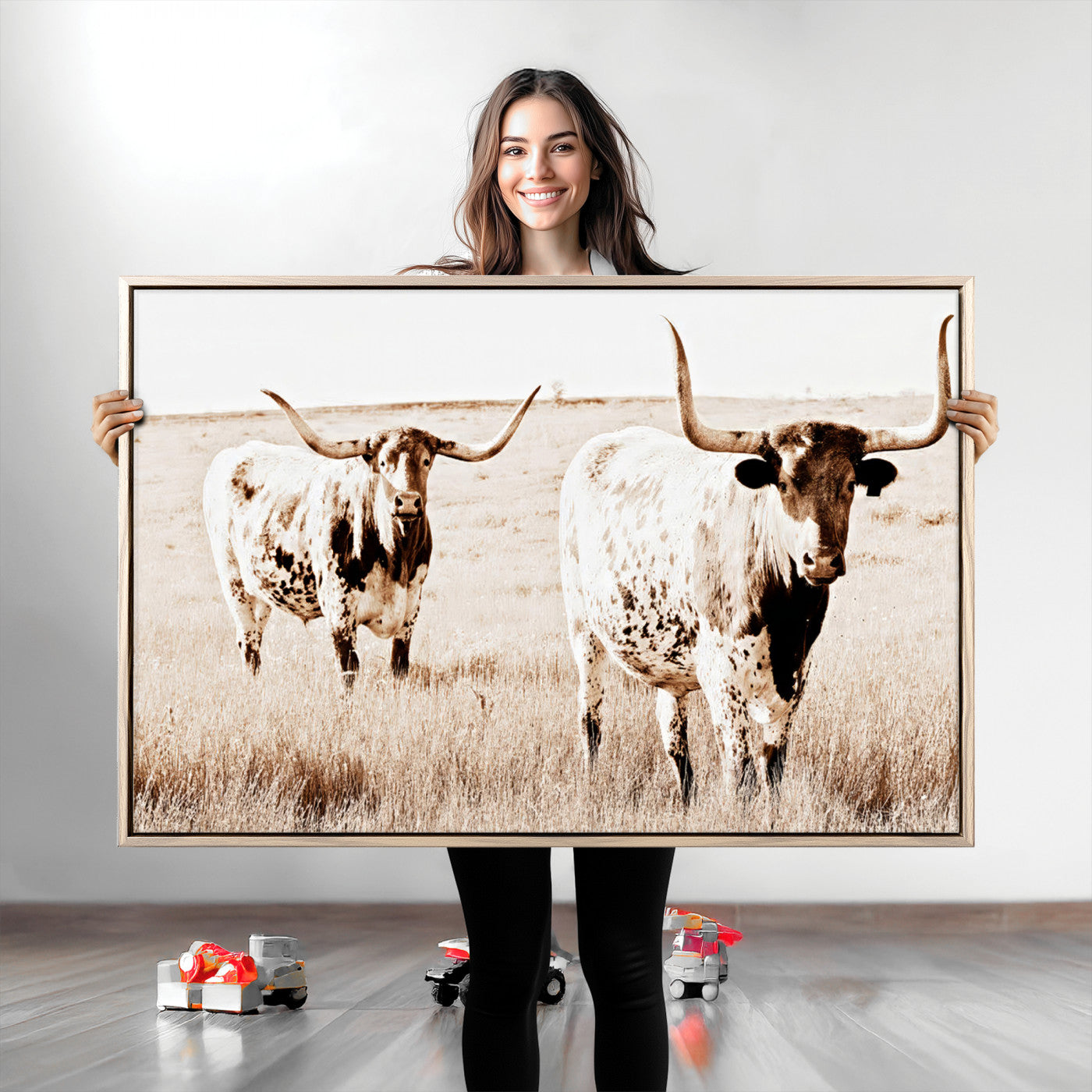 Two Texas longhorn cows standing in a sepia-toned pasture, evoking rustic charm perfect for farmhouse or western country interiors. (