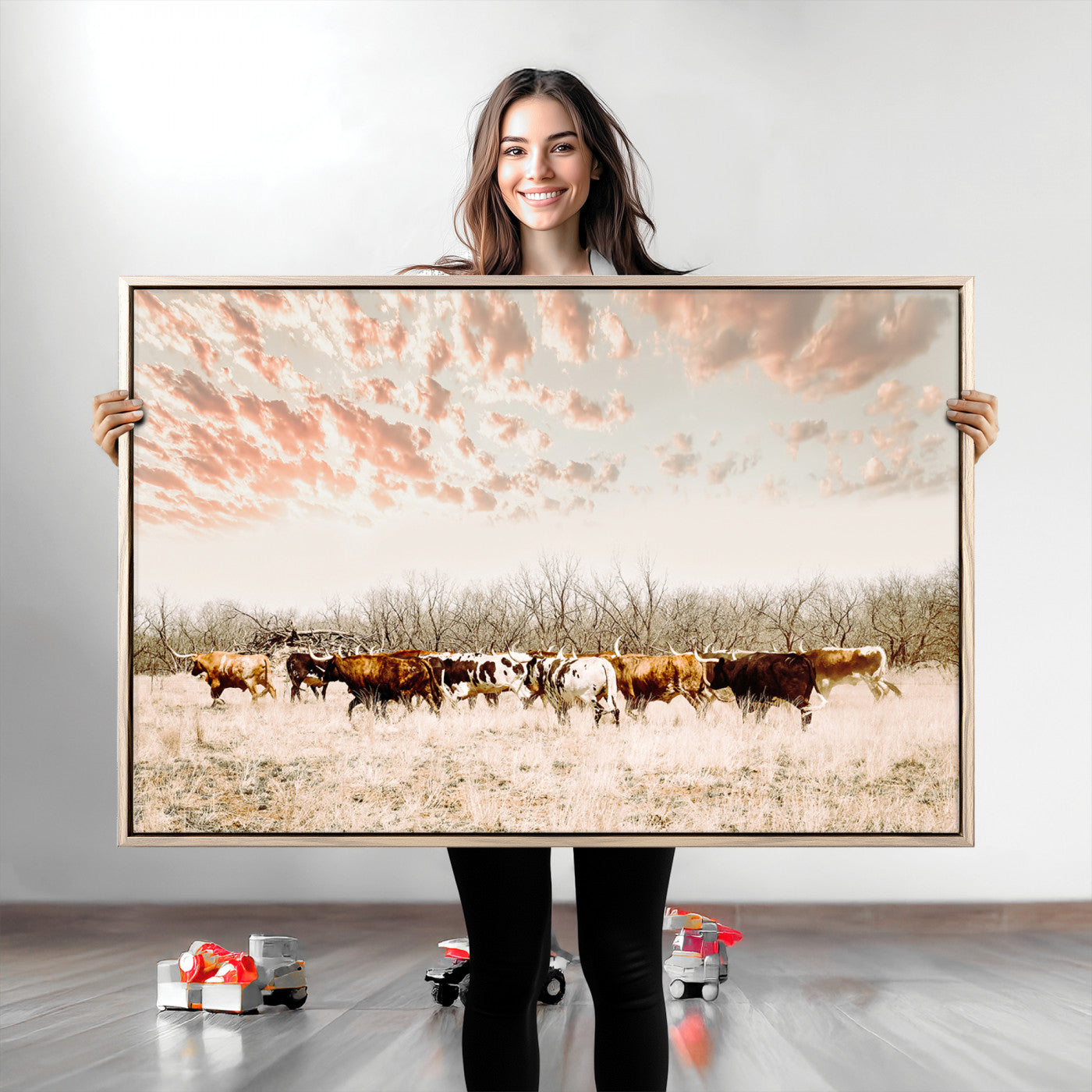 Cattle herd in a soft-toned field under a pastel pink sky, creating a peaceful rustic feel, perfect for farmhouse or western-themed spaces.