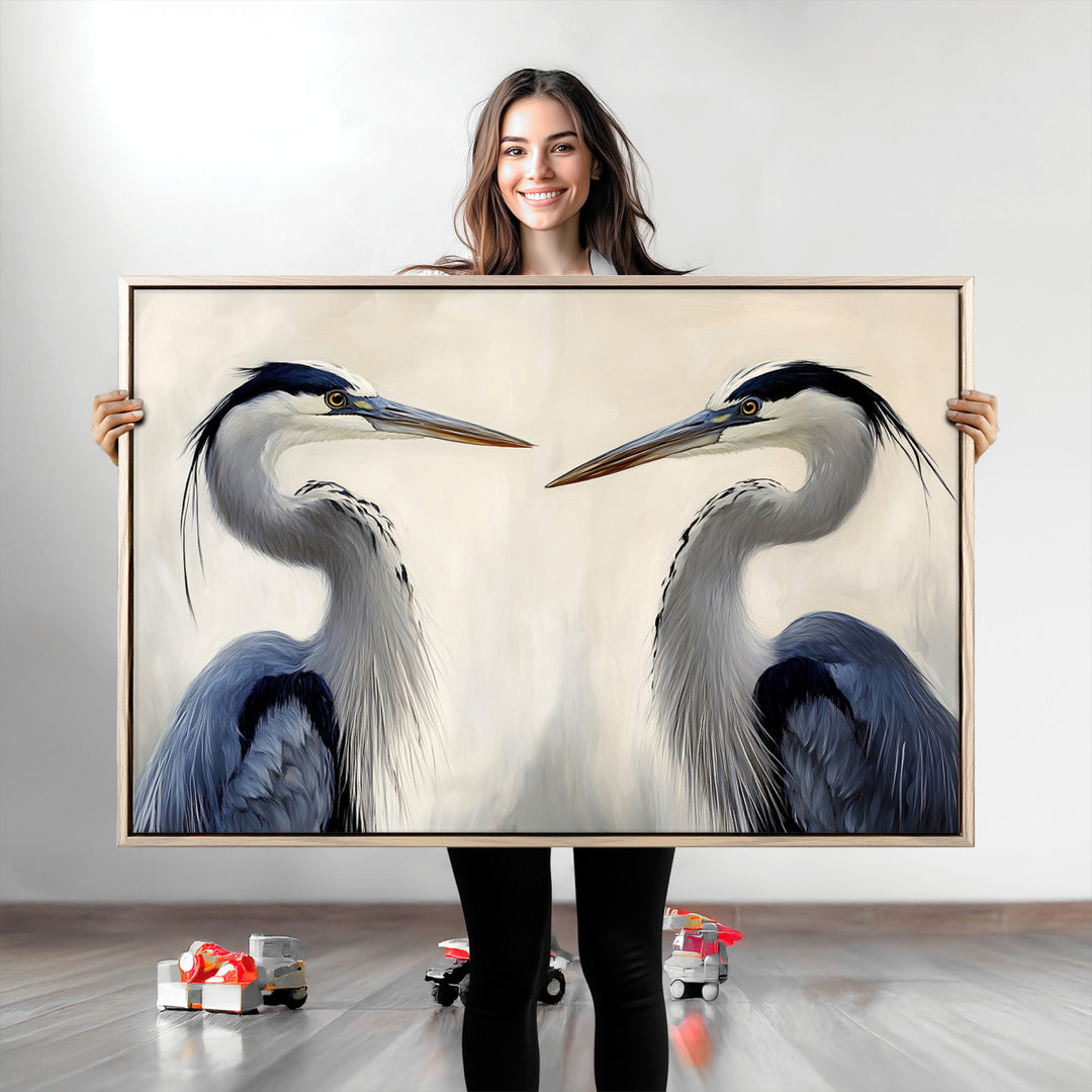 Blue Heron Pair Art Canvas Print, Coastal Bird Theme Print, Framed Tranquil Wildlife Scene Art Print, Large Nature Inspired Decor