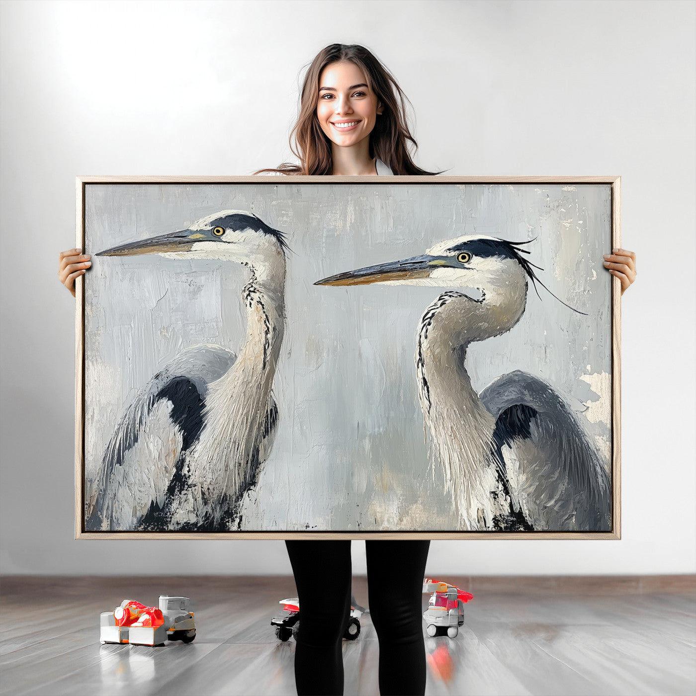 Two elegant herons in profile with soft brush strokes and blue-grey tones, ideal for serene, coastal, or minimalist interior decor.