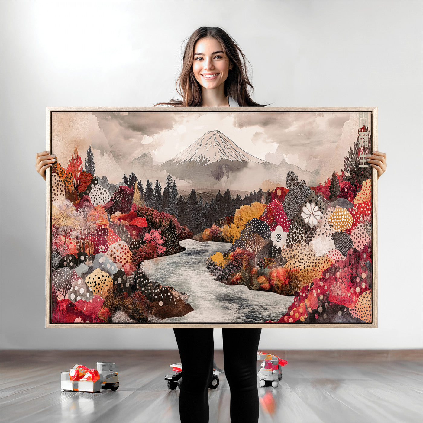 A whimsical mountain landscape with floral autumn trees, river, and misty peak, ideal for cozy, cottagecore, and nature-inspired wall decor.