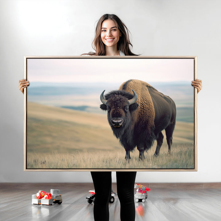 Bison Wall Art Canvas Print, Buffalo Canvas Print Print, Framed American Bison Decor Art Print, Large Frontier Style Printing Perfect
