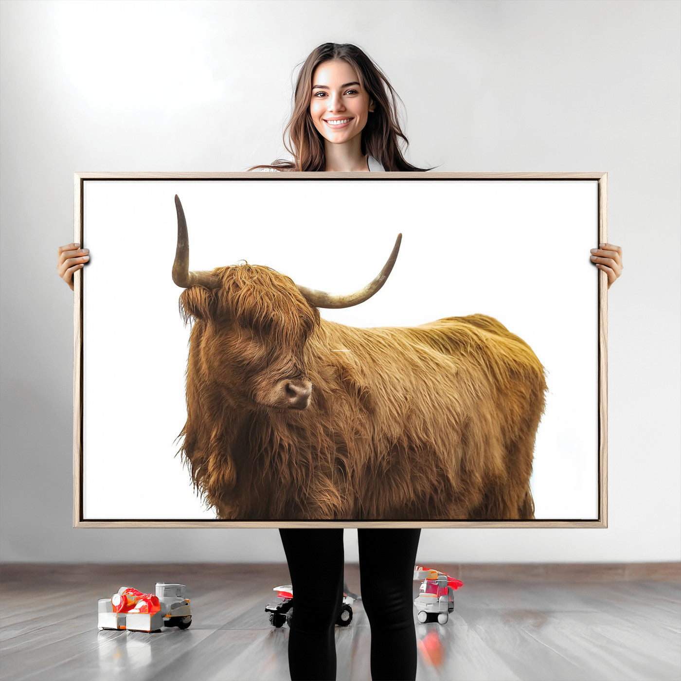 A highland cow with long horns and shaggy fur standing calmly, isolated on white background, ideal for rustic or farmhouse wall decor.
