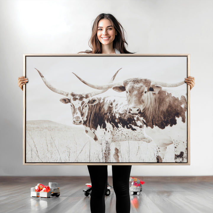Longhorn Wall Art Canvas Print, Longhorn Wall Art Wall Art Canvas Print, Western Cow Canvas Print, Framed Rustic Farm Decor Art Print,