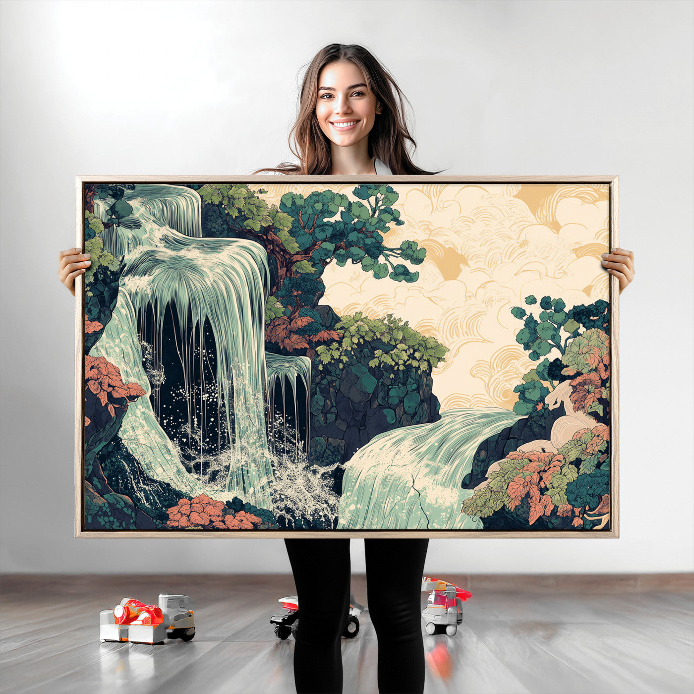 Stylized waterfall flowing through rocky terrain and lush foliage in an oriental art style, ideal for peaceful and nature-themed interiors.